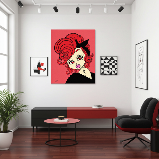 Modern interior with a large pop art painting of a scorpio character.