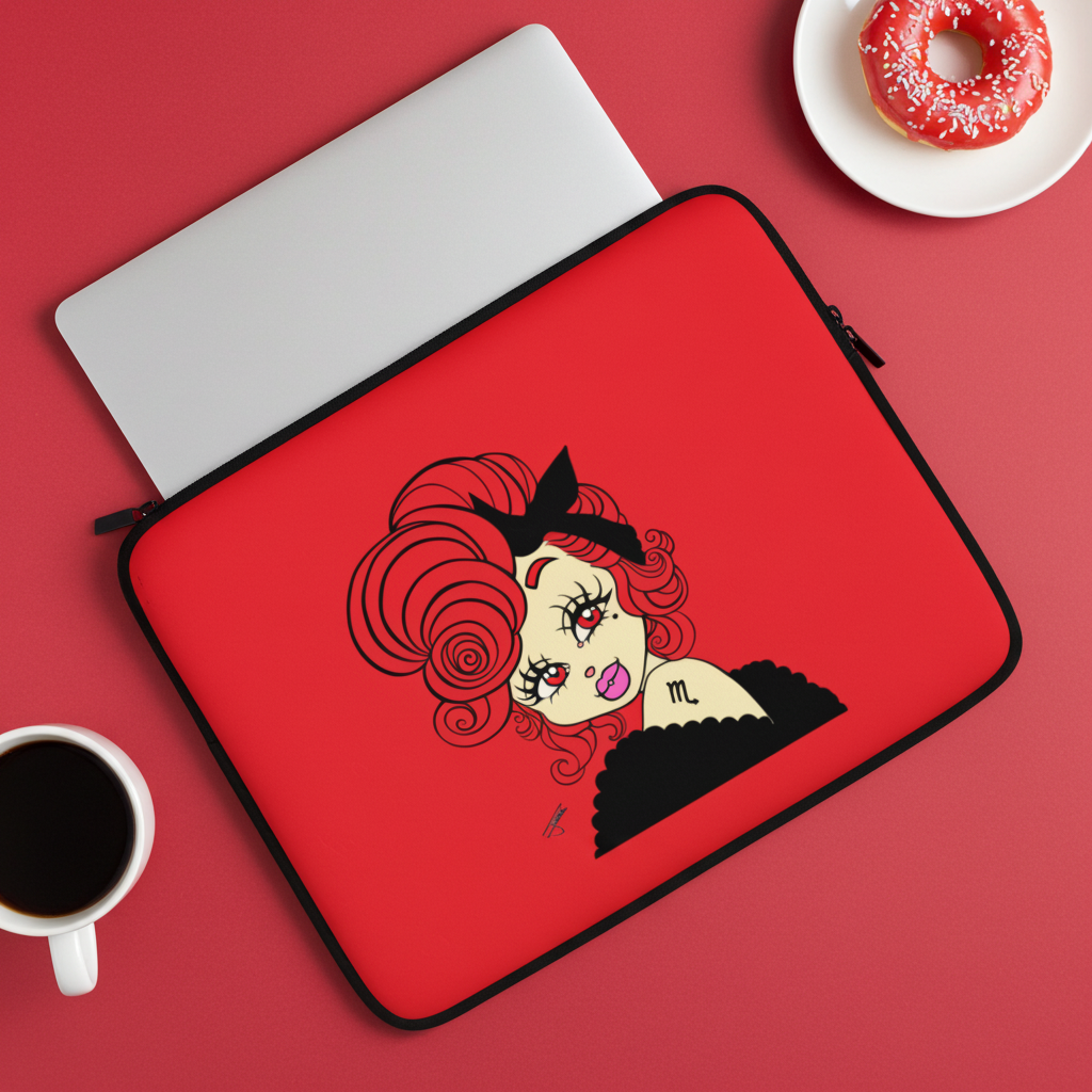 Red laptop sleeve with a Scorpio character on a red background