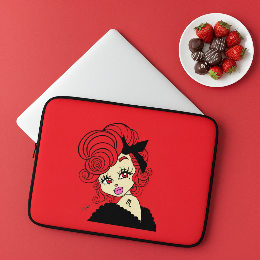 Red laptop sleeve with a Scorpio character on a red background with a plate of strawberries and chocolate.