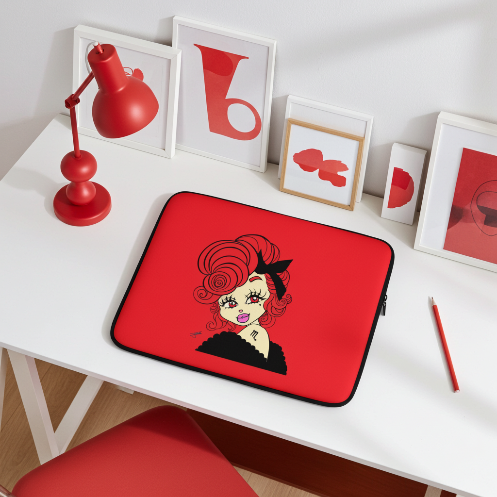 Laptop sleeve with a Scorpio character design on a white desk with decorative items.