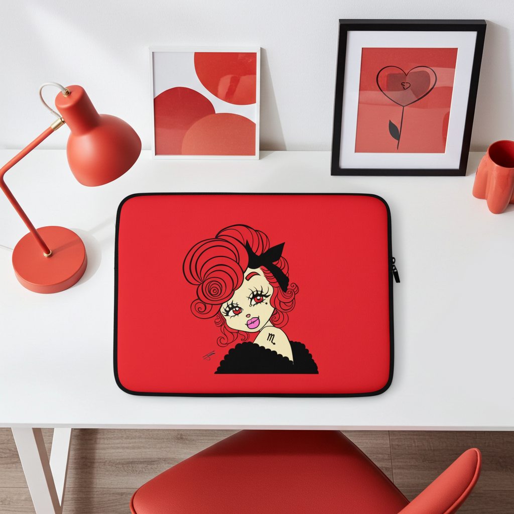 Scorpio laptop sleeve with a Scorpio character design on a white desk with decorative items.