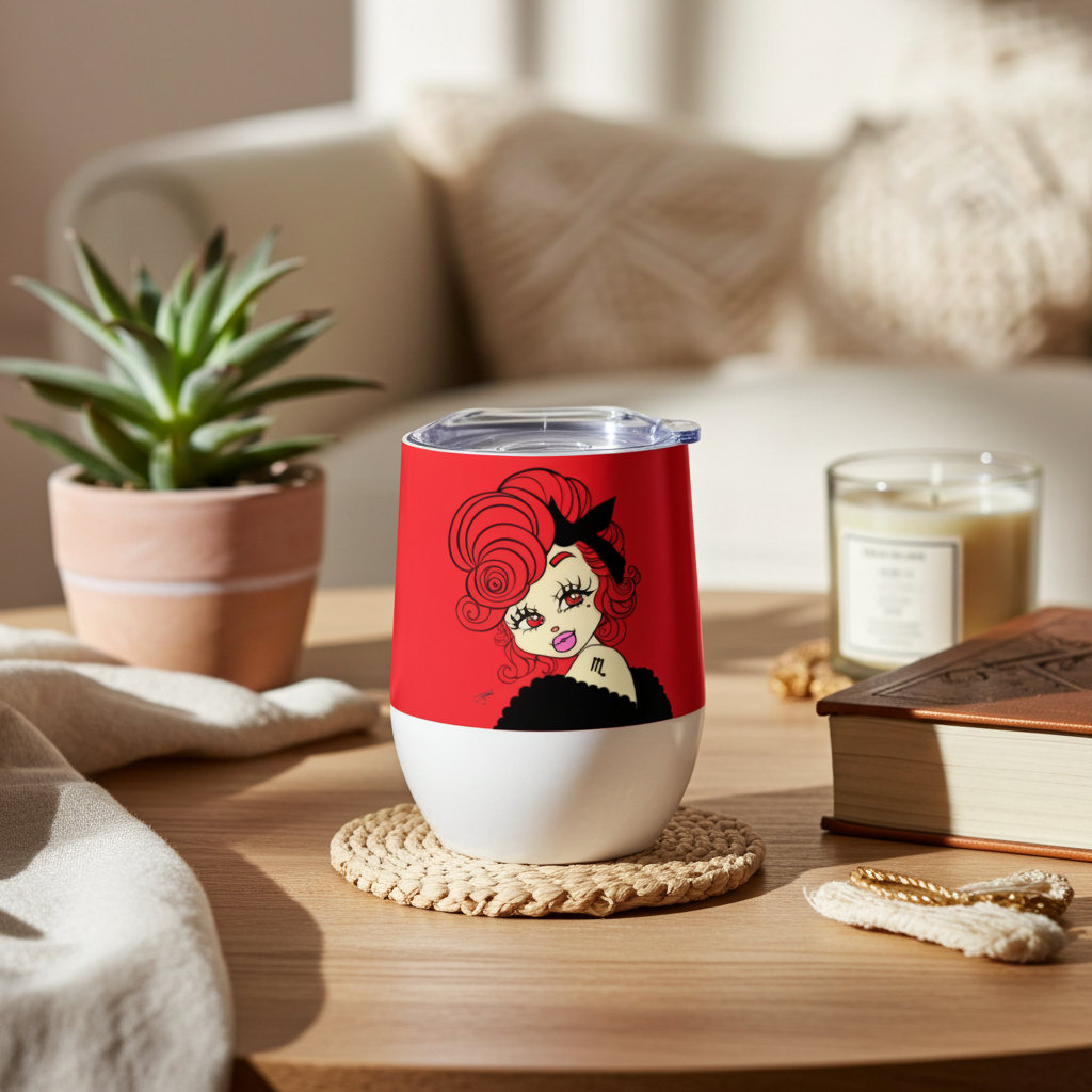 Red and white mini tumbler with a Scorpio character design on a wooden table with a cozy background.