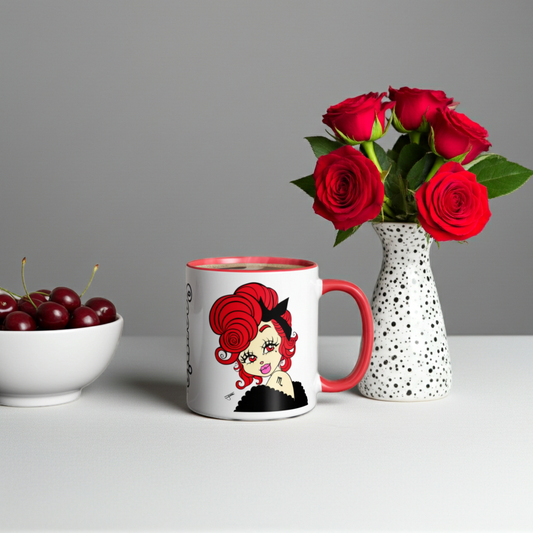 Mug with a design of a scorpio character with red hair, a bowl of cherries, and a vase with red roses on a gray background.