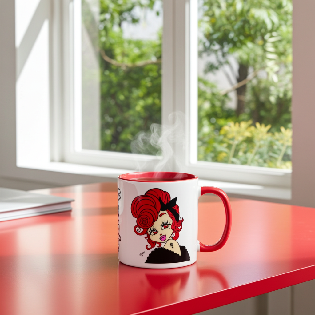 Mug with Scorpio character on a red table in front of a window with greenery outside