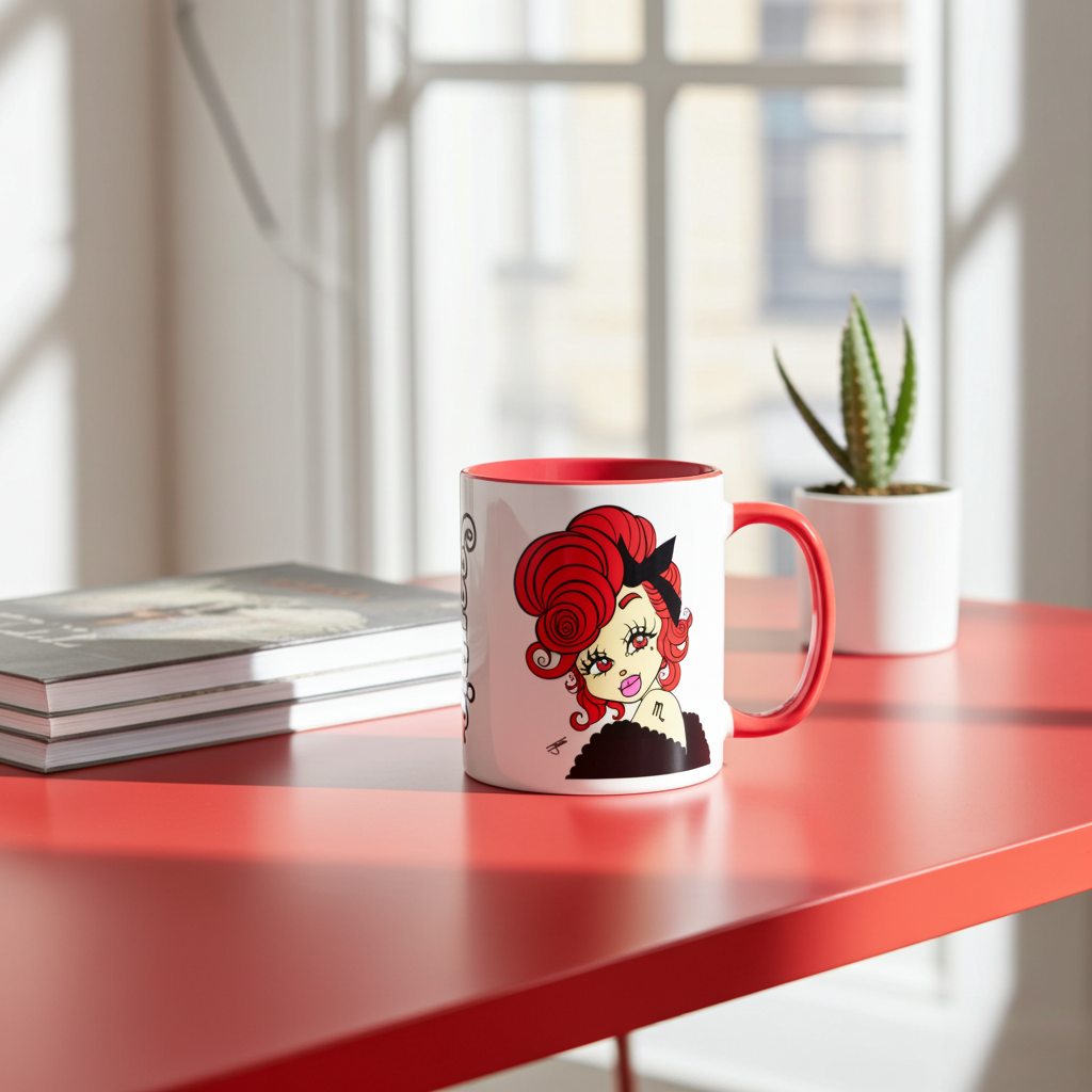 Mug with a colorful Scorpio design on a red table