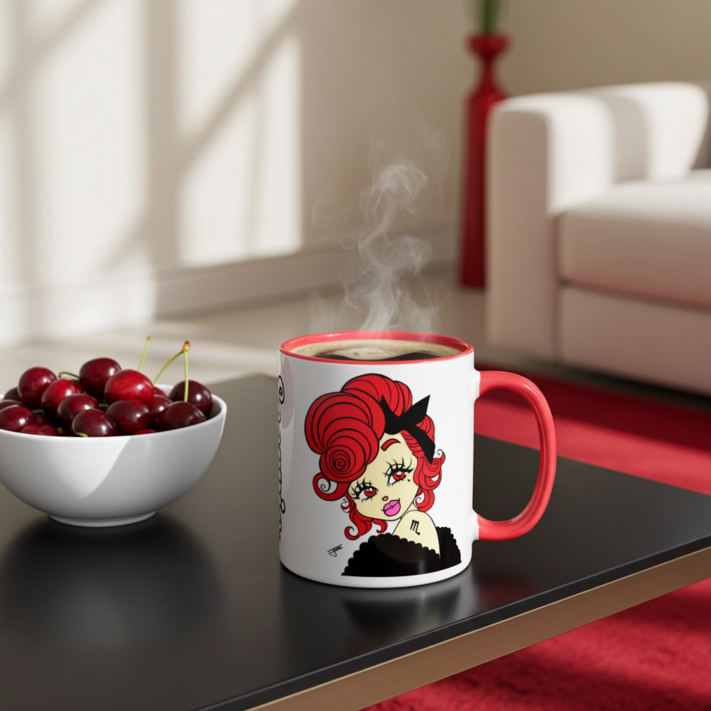 Mug with a Scorpio character design on a table with a bowl of cherries and a blurred background