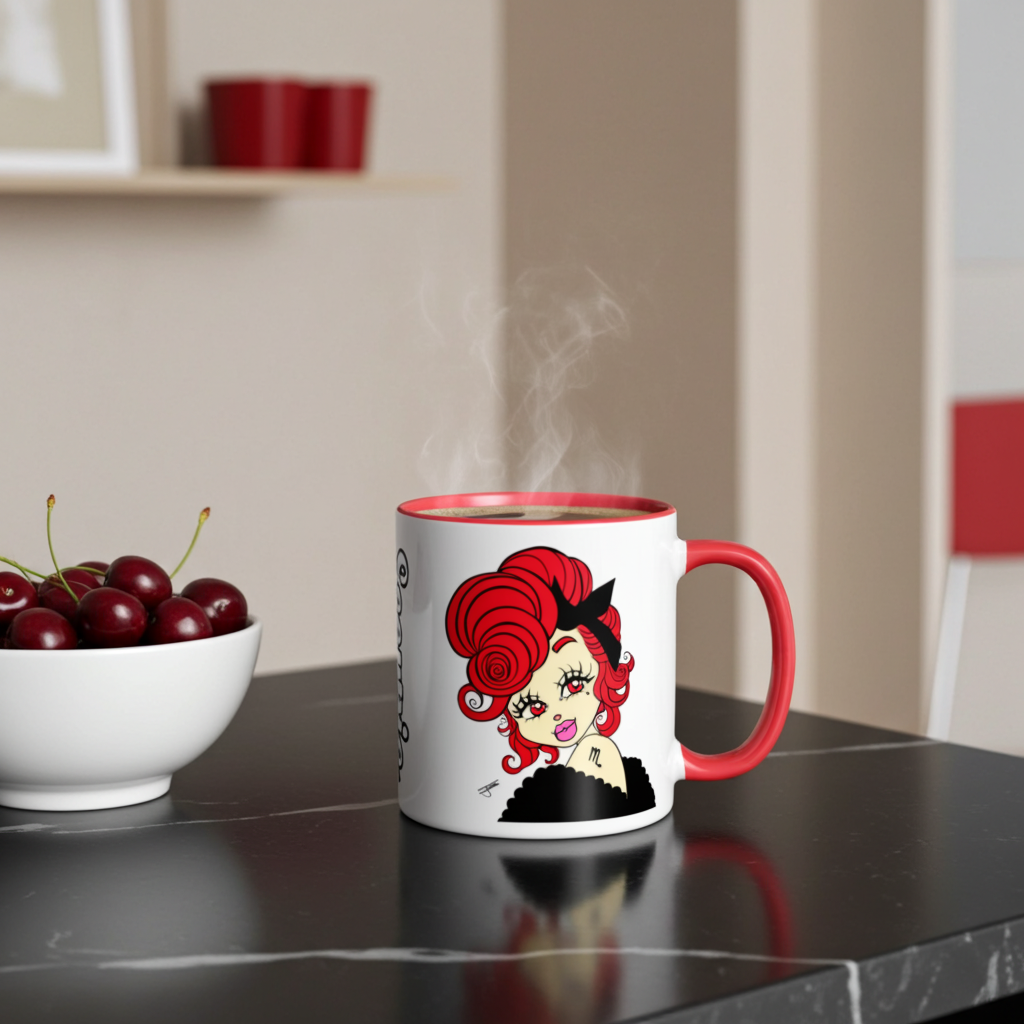 Mug with a Scorpio character design on a kitchen counter with cherries in the background