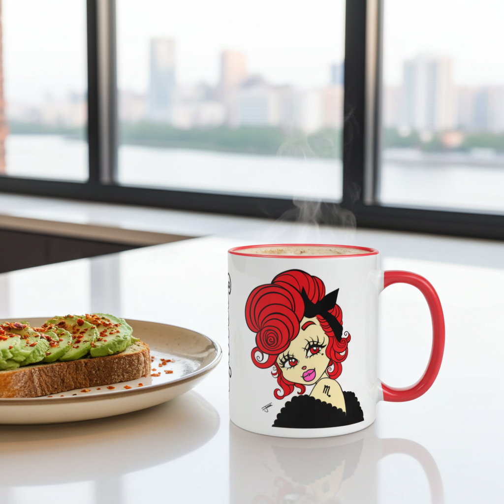 A white ceramic mug with a red handle and rim sits on a white table next to a plate of avocado toast, with steam rising from the mug. The mug features a scorpio character design.