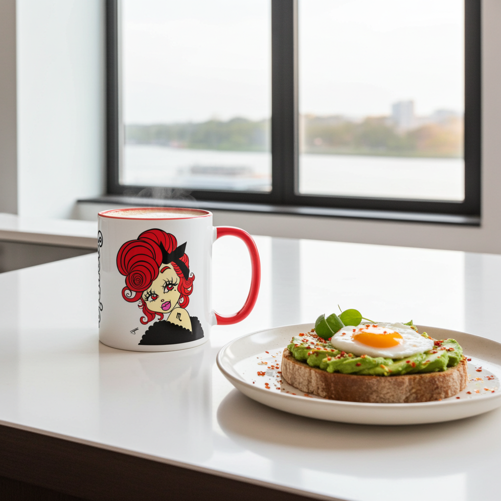 A white ceramic mug with a red handle and red interior, featuring a scorpio character design, sits on a white table next to a plate of avocado toast with a fried egg. A large window with a blurred outdoor view is in the background.