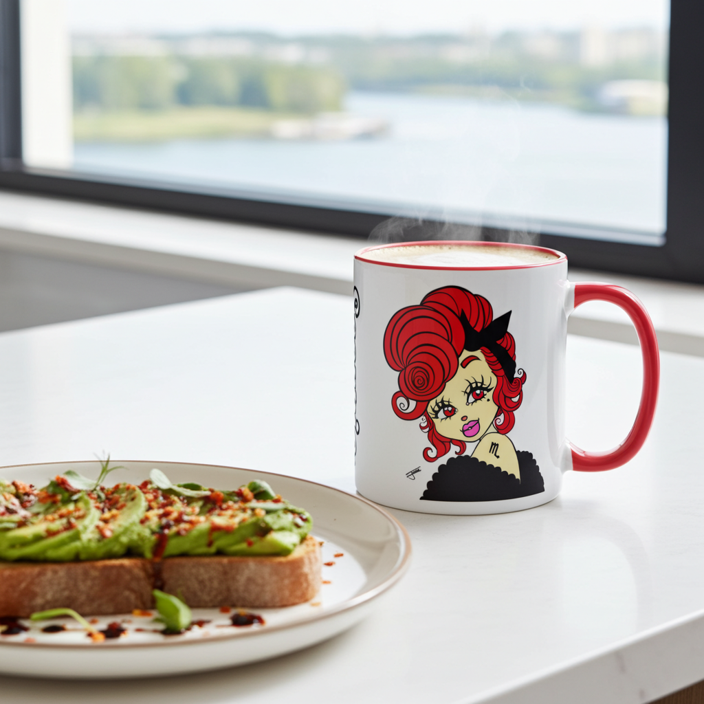 A white ceramic mug with a red handle and rim, featuring a scorpio character design, sits on a white table next to a plate of avocado toast in front of a window.