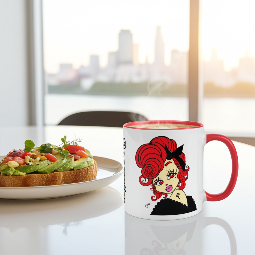 A white ceramic coffee mug with a red handle and rim, featuring a scorpio character design, placed on a white table next to an avocado toast in a kitchen setting with a blurred city skyline in the background.
