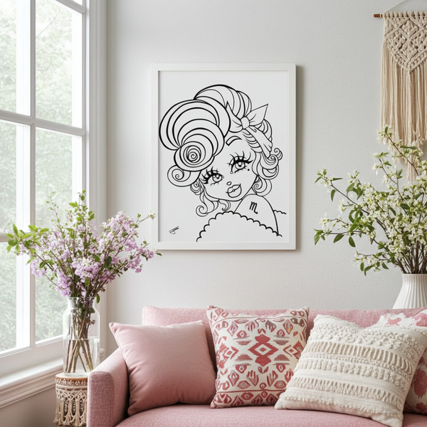 Scorpio Framed  poster in a Living room with a pink sofa, decorative pillows, and a framed black and white artwork on the wall.