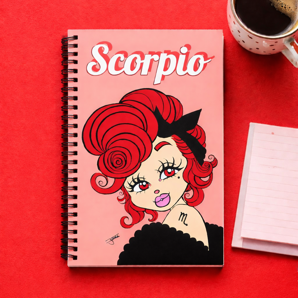 Notebook with Scorpio design on a red background with a cup of coffee and notepad.