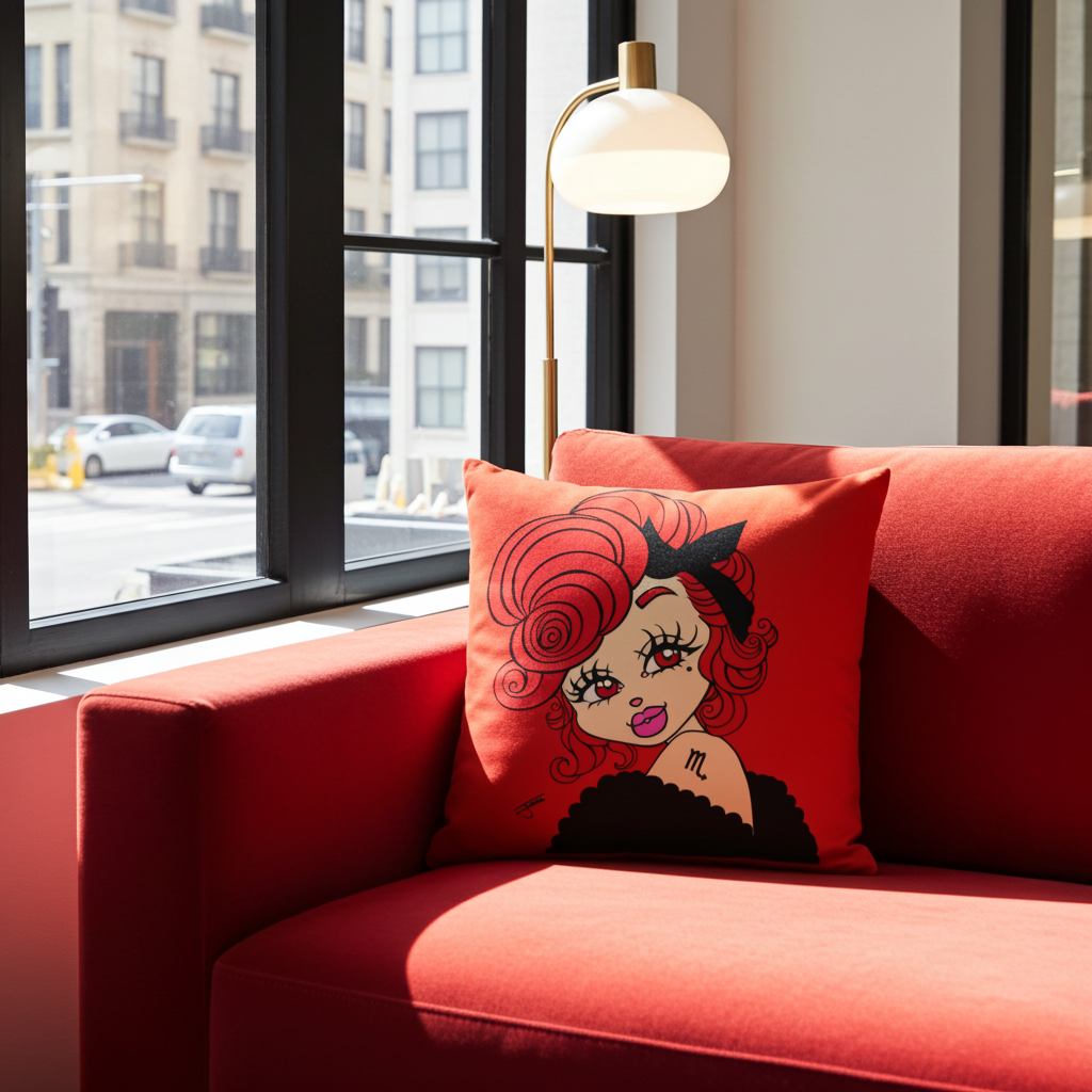Red couch with a decorative pillow featuring a stylized face design, in a room with large windows.