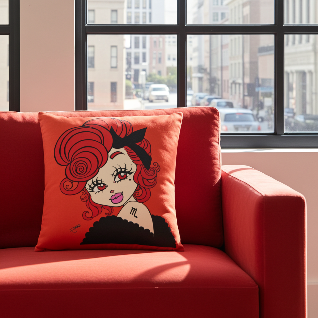Red pillow with a graphic design of a woman's face on a red couch by a window with cityscape view.