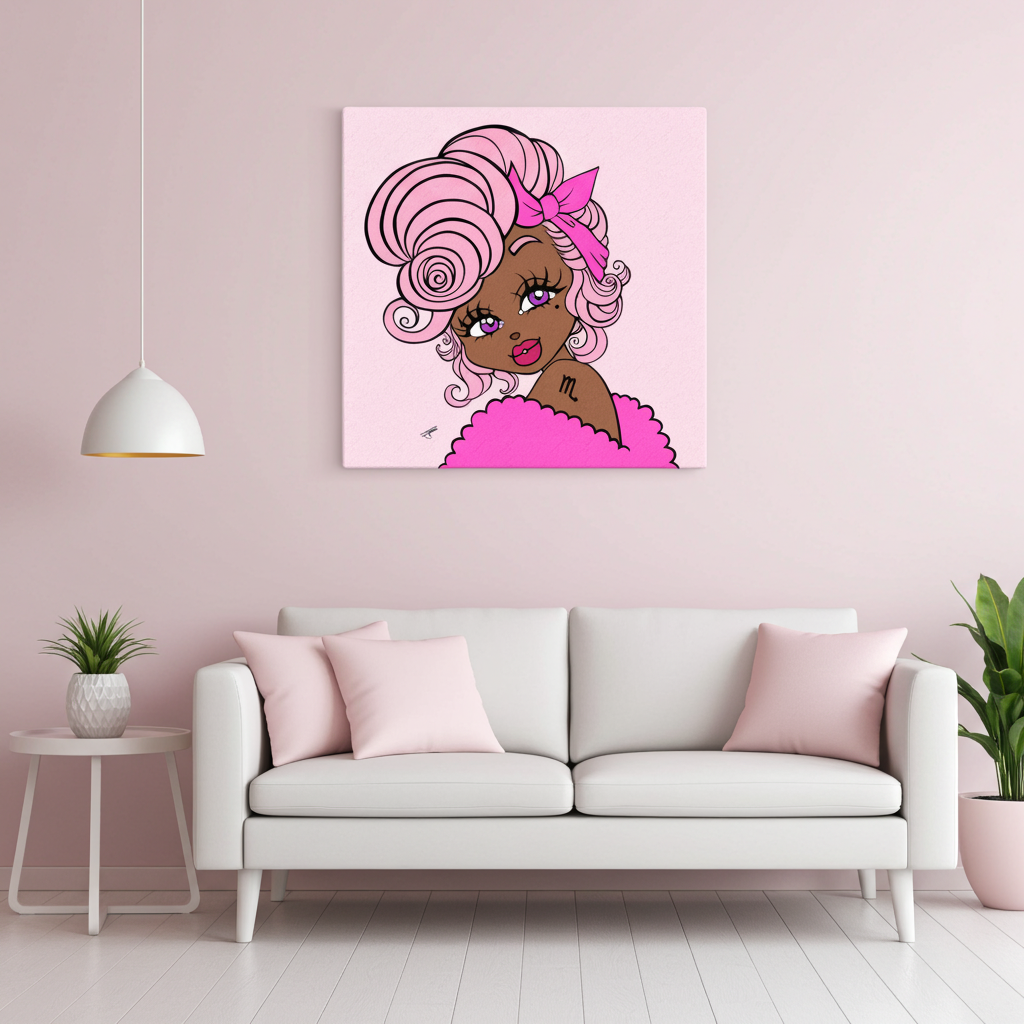 Living room with a pink wall, white sofa, and a Scorpio character canvas.