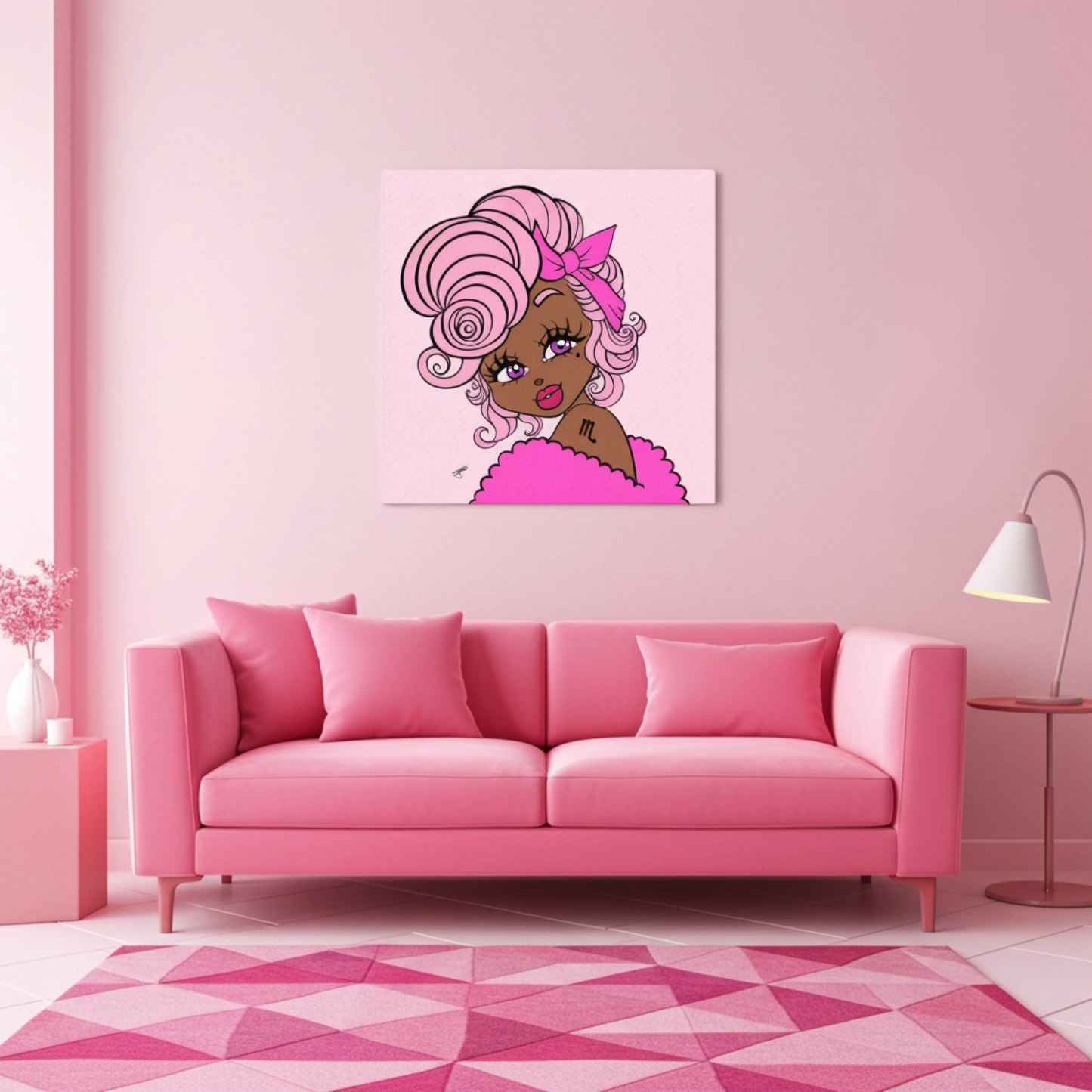 Pink living room with a sofa, lamp, and artwork of a Scorpio character with pink hair on a pink wall.