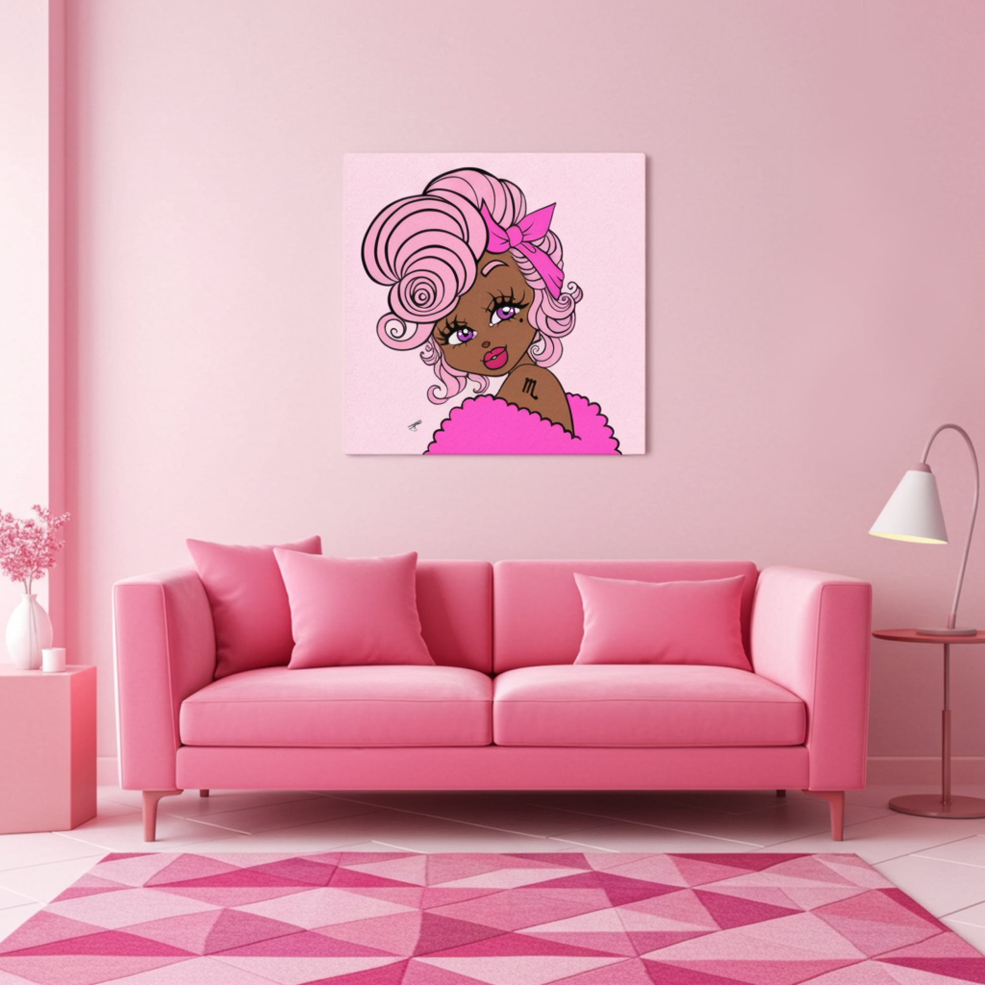 Pink living room with a sofa, lamp, and artwork of a Scorpio character with pink hair on a pink wall.