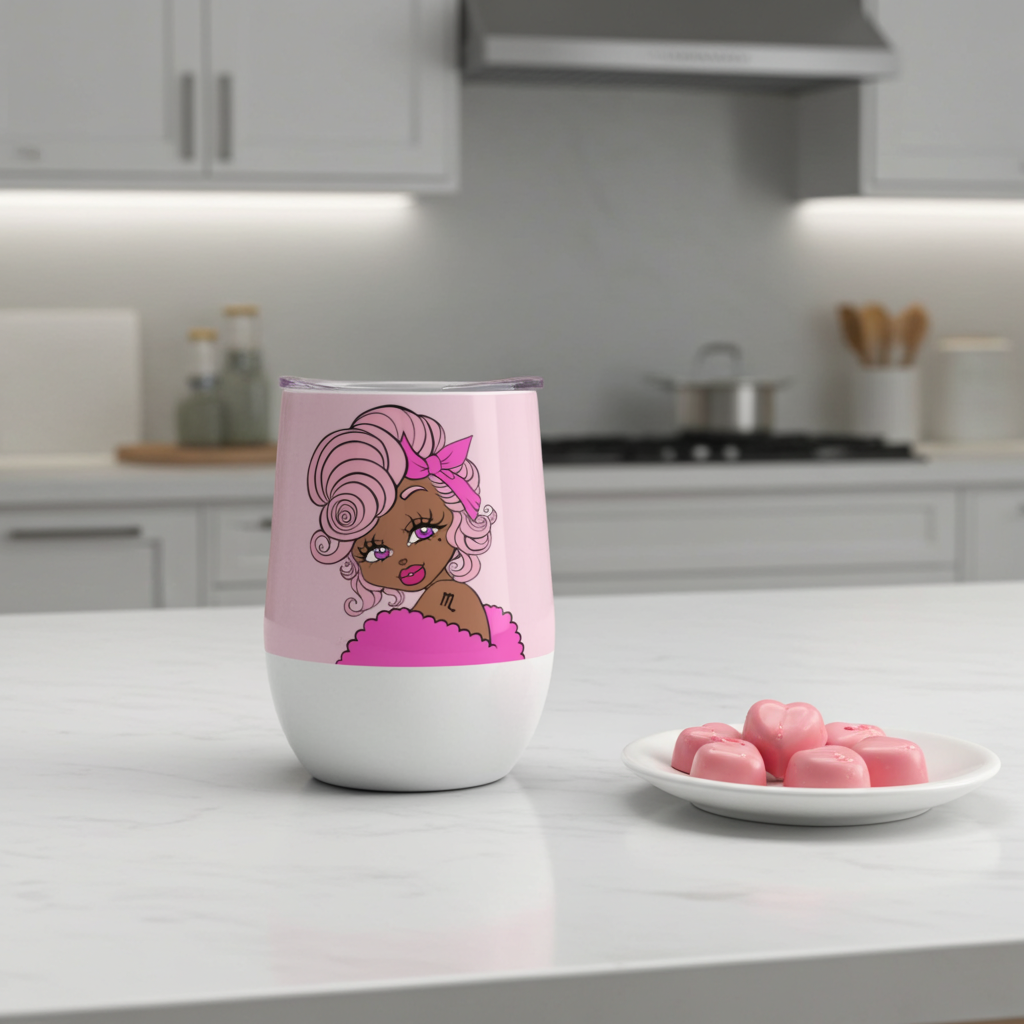 Pink tumbler with Scorpio character on a kitchen counter with pink candies.