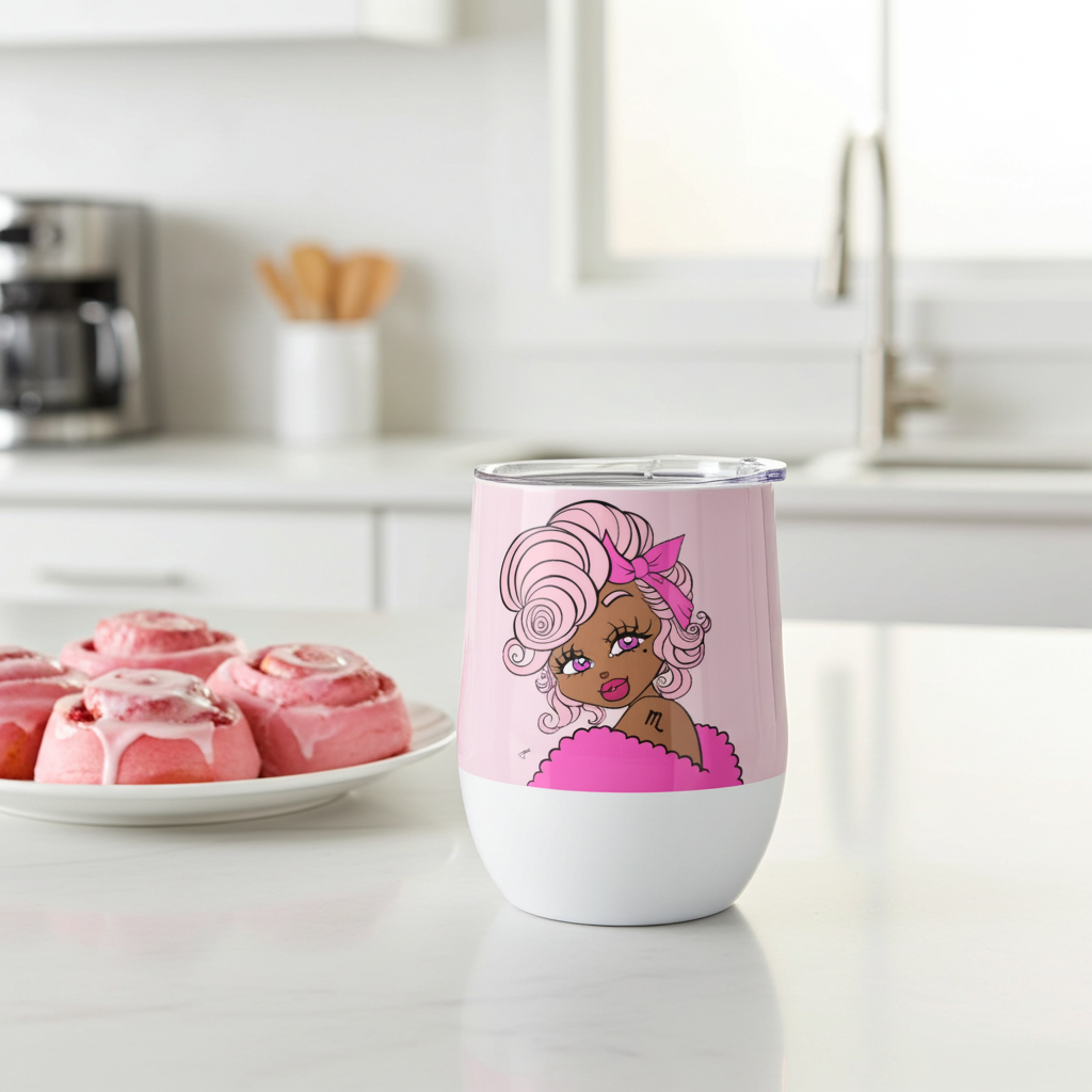 Tumbler with a pink design of a Scorpio character with a bow on a kitchen counter with cinnamon rolls.