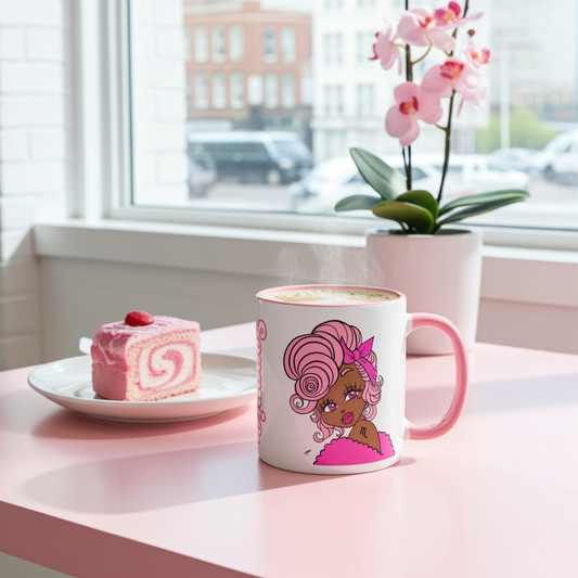 A pink ceramic coffee mug with a scorpio character design sits on a pink table by a window, next to a slice of pink cake on a plate and a potted orchid.