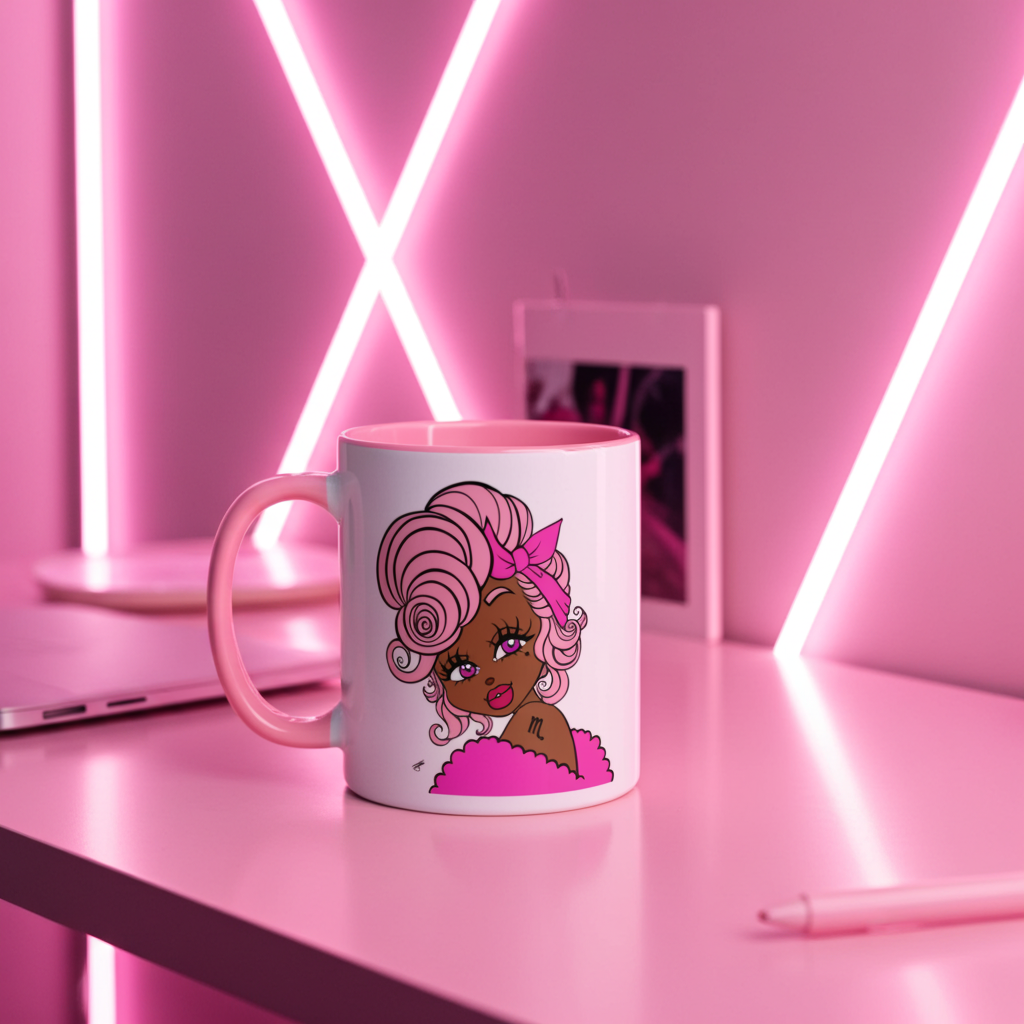 Mug with a Scorpio character on a pink neon lit background.