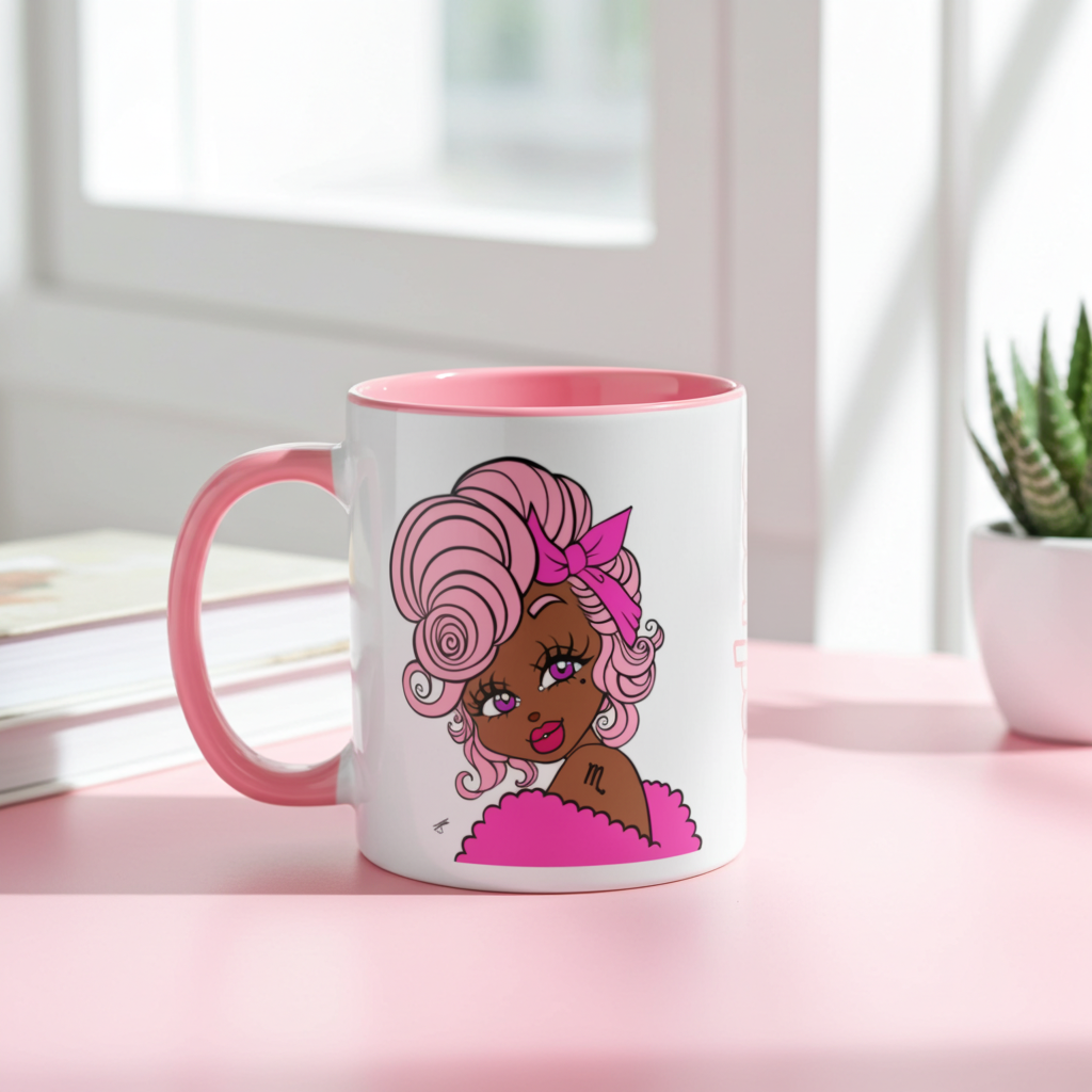 Mug with Scorpio character design on a pink surface