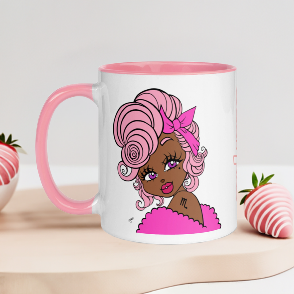 A pink ceramic mug with a white print area featuring a Scorpio character with pink hair and a bow.