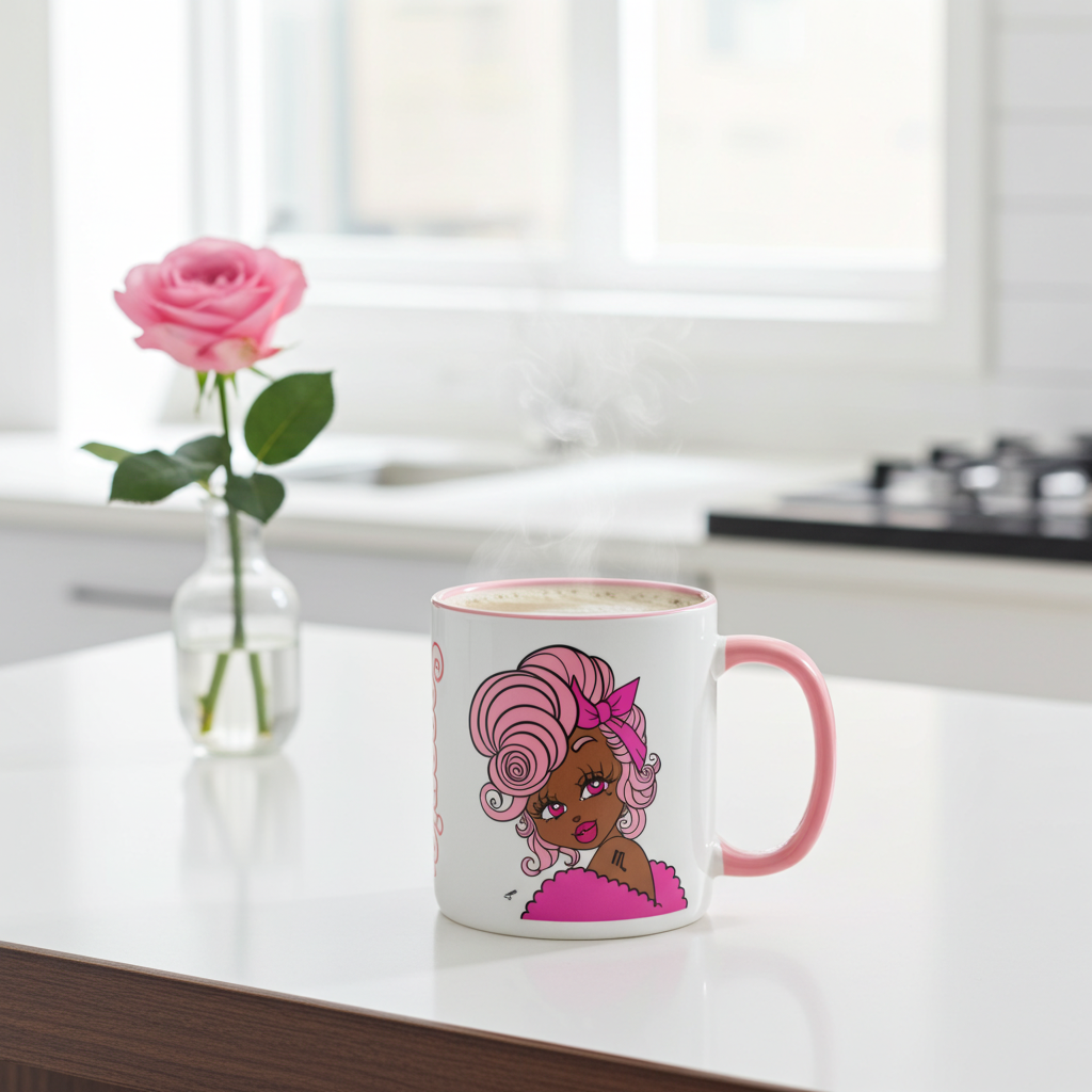 A white ceramic mug with a pink handle and rim, featuring a Scorpio character design, sitting on a white kitchen counter with steam rising. A small glass vase with a pink rose is in the background.