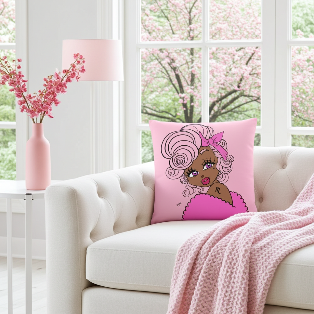 Decorative pillow with a Scorpio character on a white couch in a bright room with pink flowers.