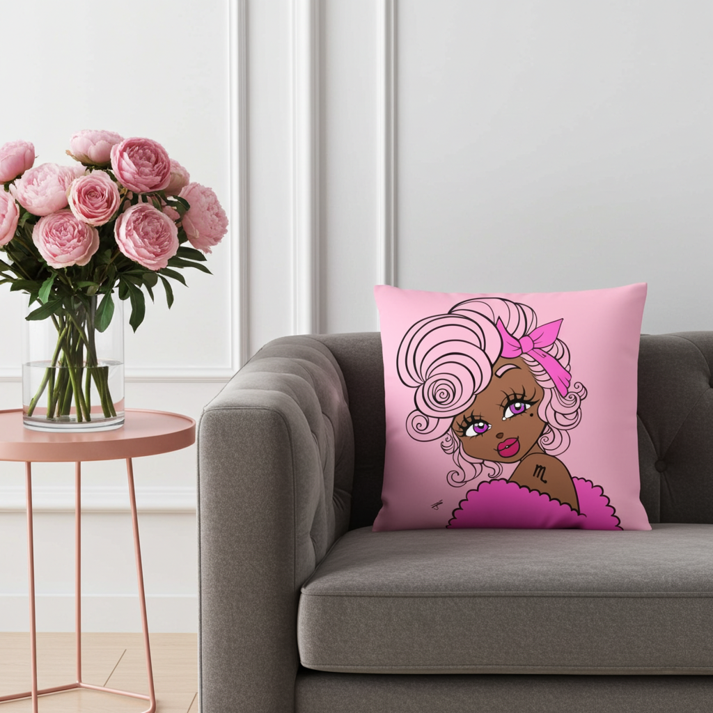 Decorative pillow with a Scorpio character on a gray sofa next to a table with pink roses.