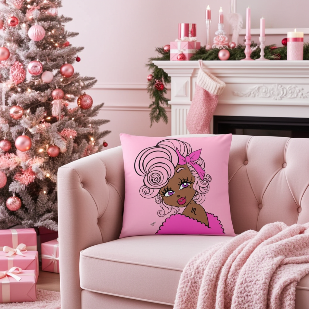 Decorative pillow with a cartoon character on a pink couch in a festive living room.