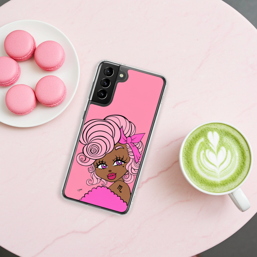Phone case with a Scorpio character on pink background, next to pink macarons and green latte.