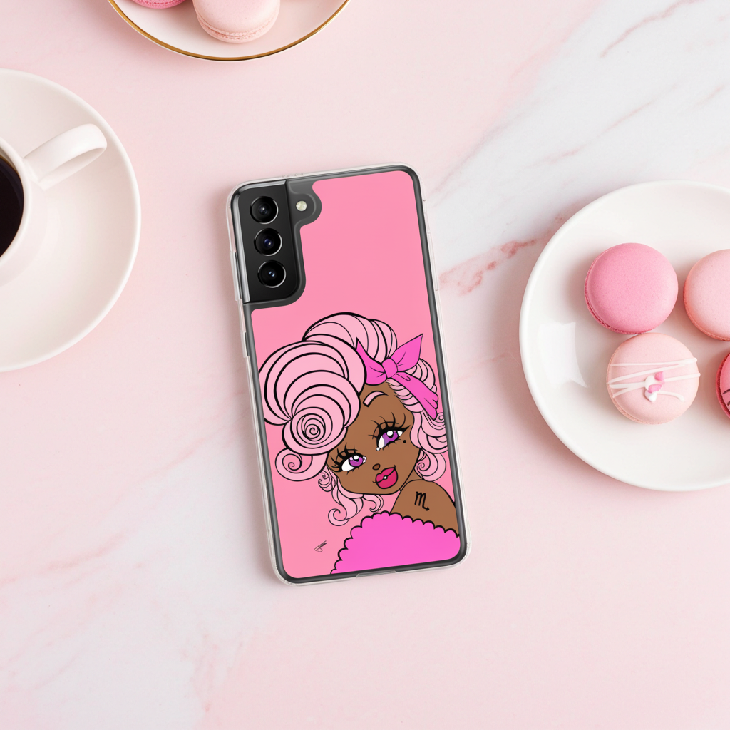 Phone case with Scorpio character on a pink background with coffee and macarons.