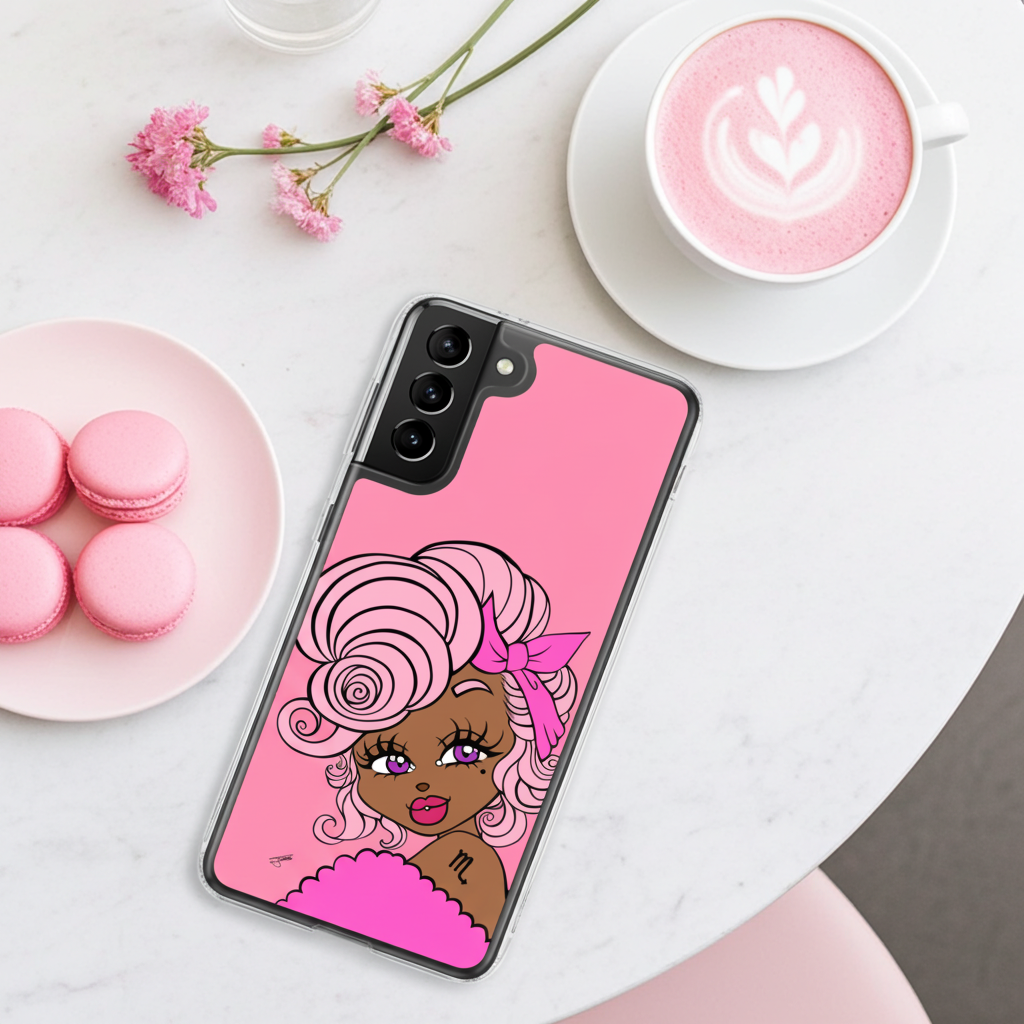 Phone case with a Scorpio character design on a table with pink macarons and coffee.