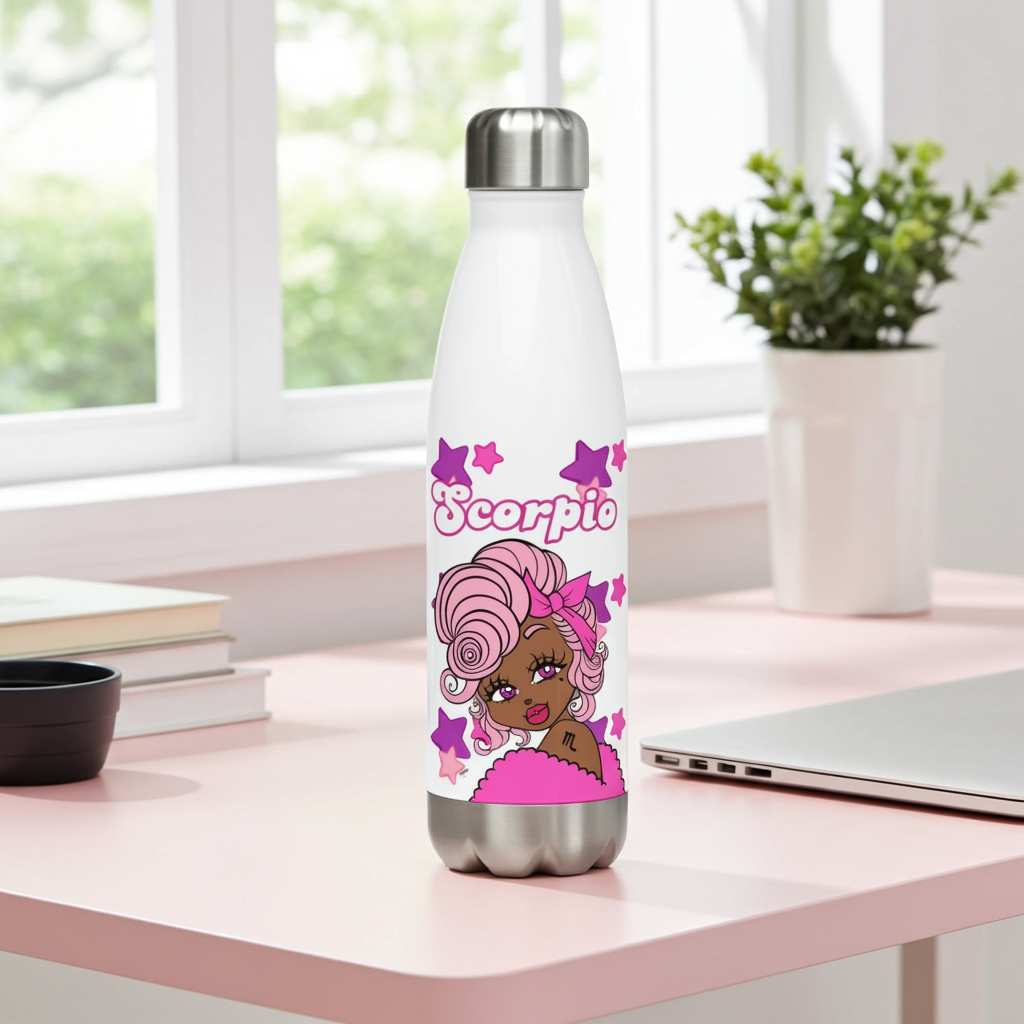 White water bottle with cartoon character and 'Scorpio' text on a desk.