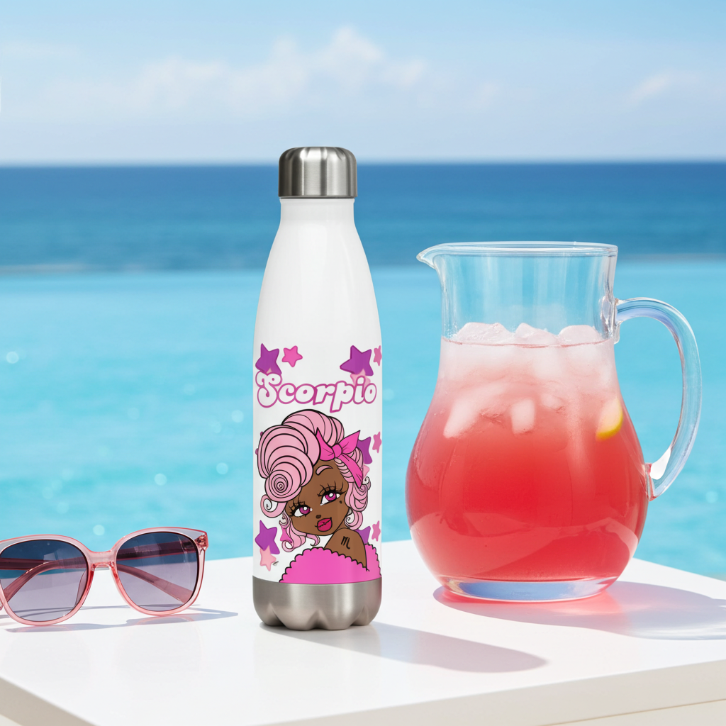 White water bottle with a Scorpio character design, sunglasses, and a pitcher of pink lemonade on a beach.