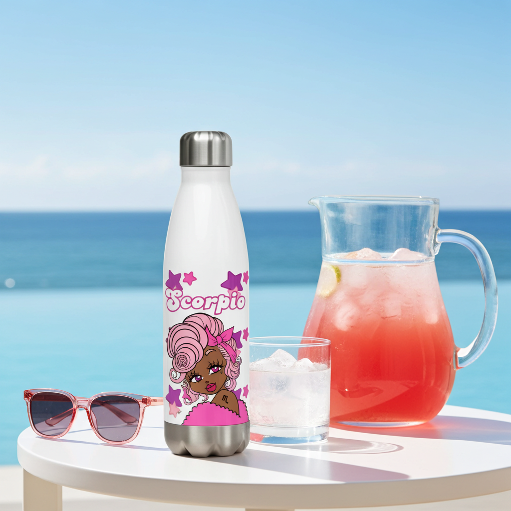 White thermos bottle with 'Scorpio' design on a table by the ocean