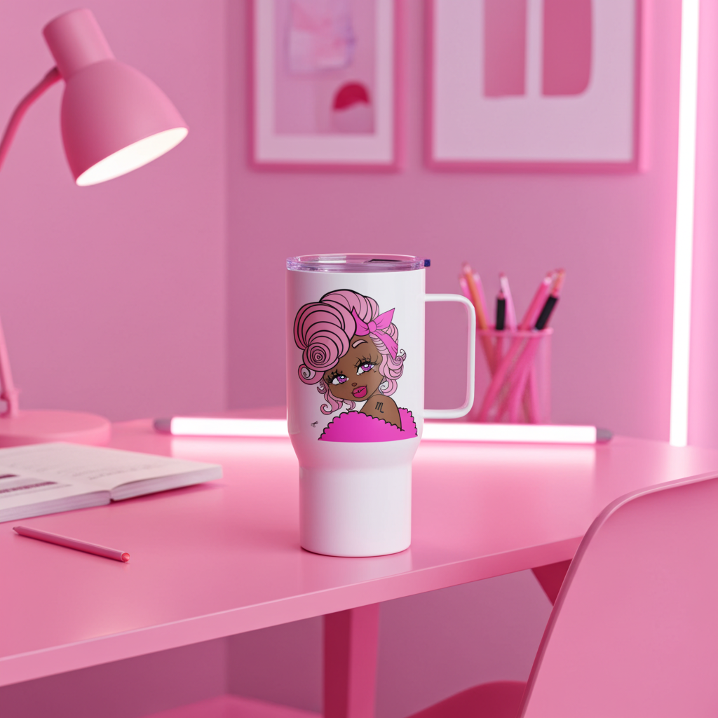 White tumbler with a cartoon character on a pink desk with a lamp and stationery.