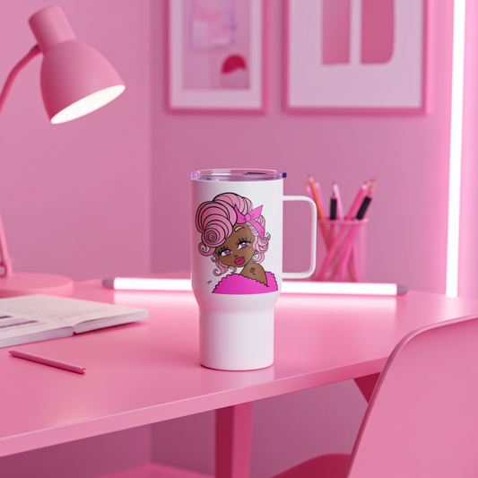 White tumbler with a cartoon character on a pink desk with a lamp and stationery.