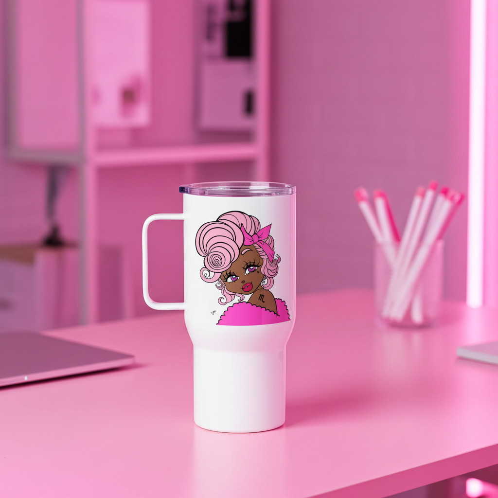 White tumbler with a Scorpio character on a pink desk