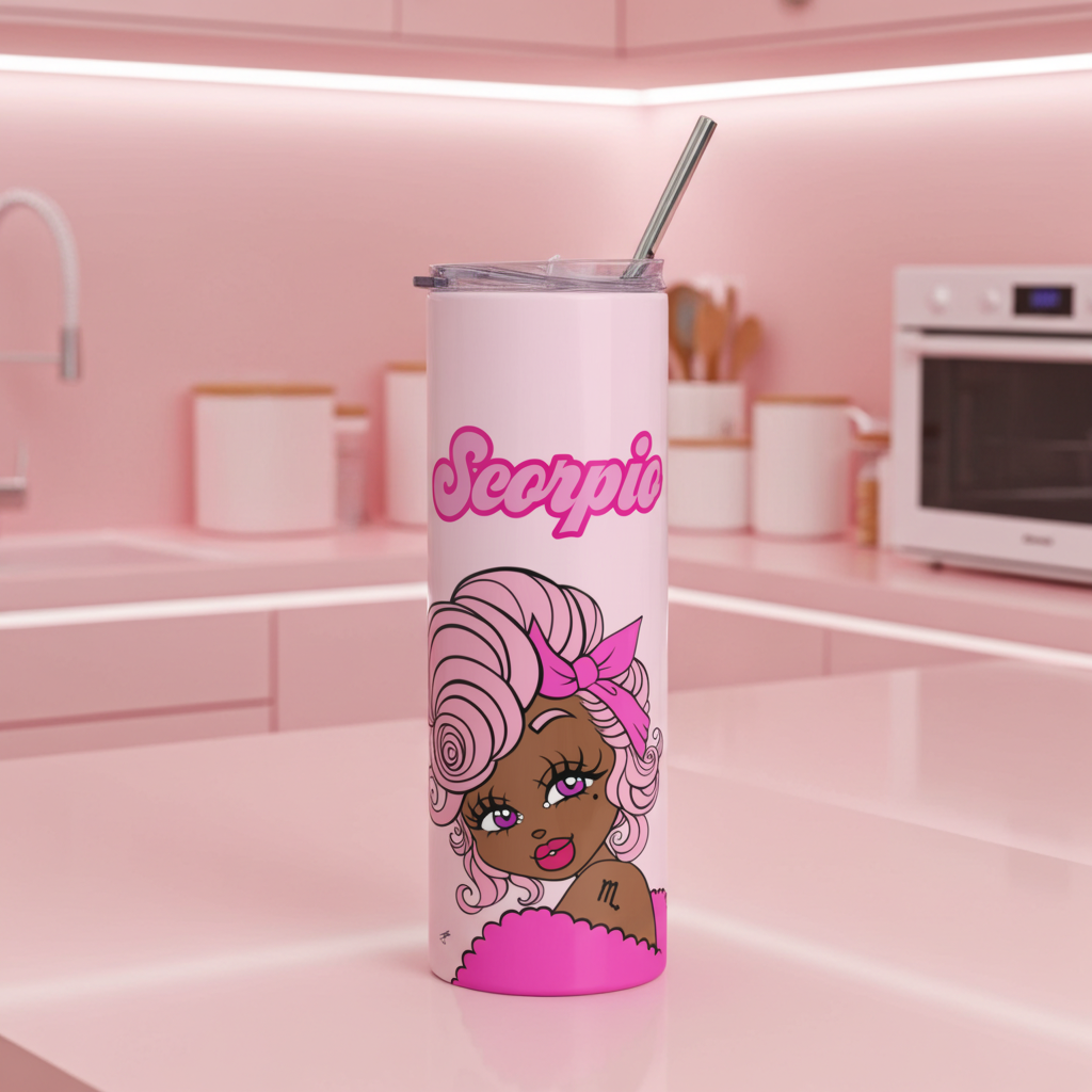 Pink tumbler with a Scorpio character and 'Scorpio' text on a kitchen counter.