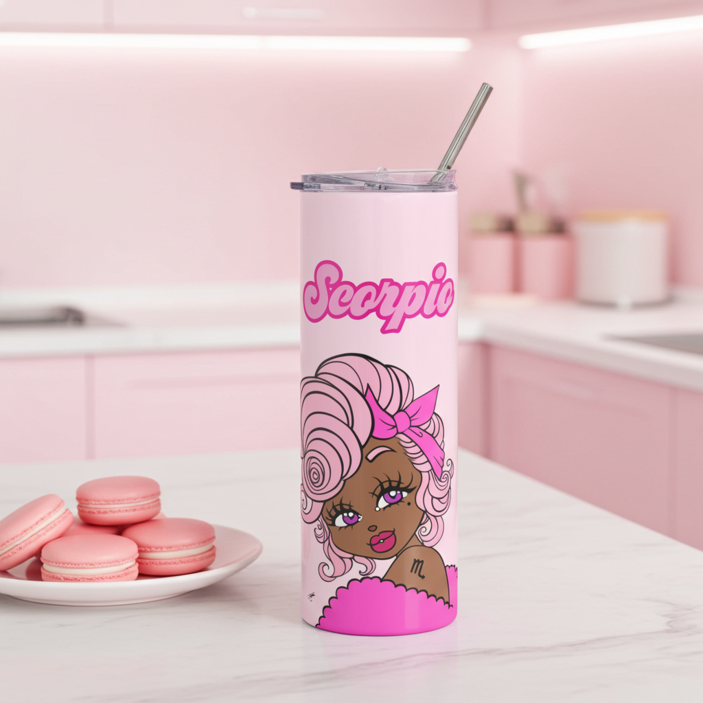 Pink tumbler with a Scorpio character and 'Scorpio' text on a kitchen counter.