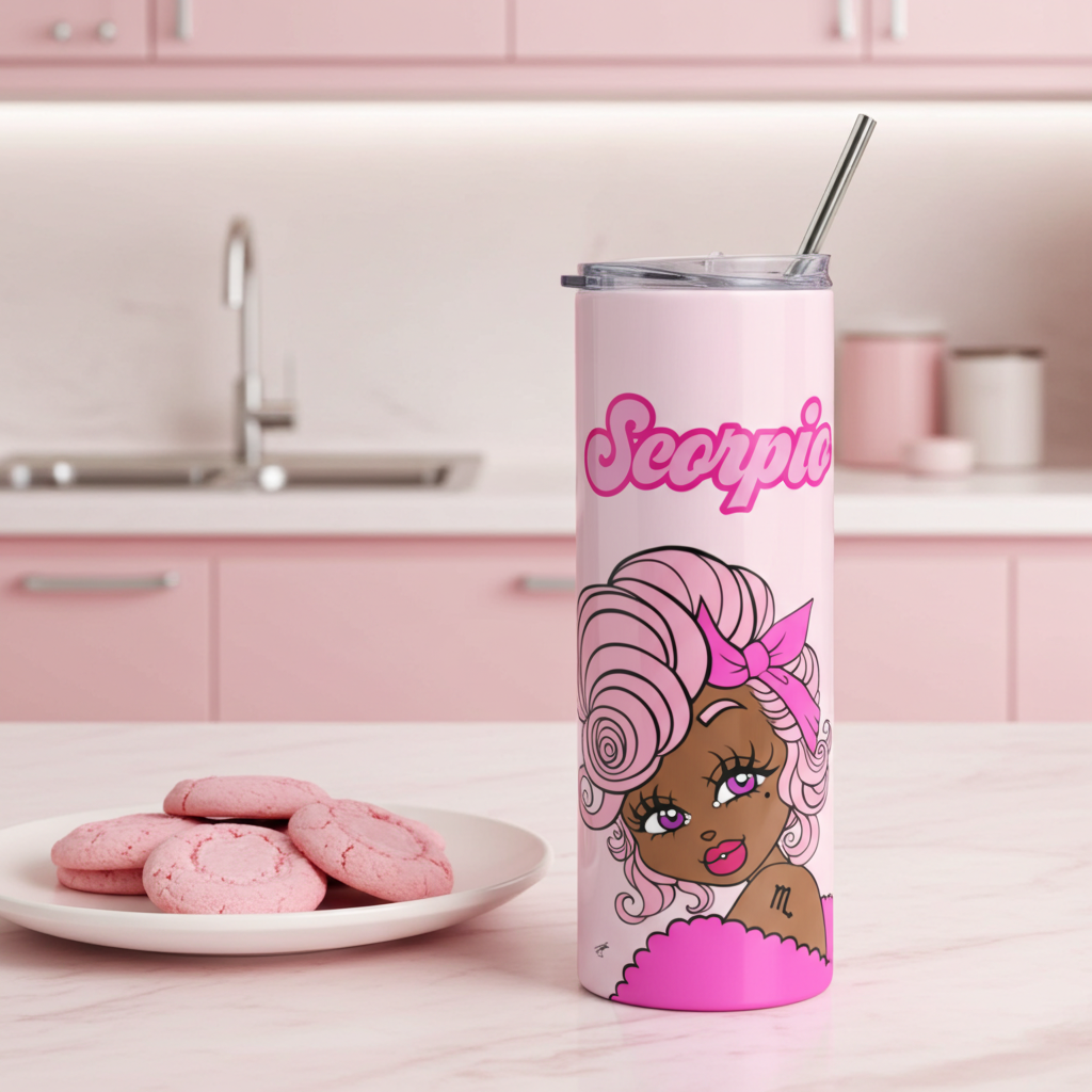 Pink tumbler with a Scorpio character and 'Scorpio' text in a kitchen setting