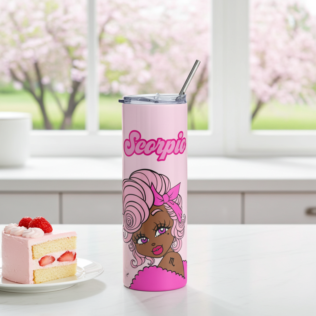 Pink tumbler with Scorpio character and 'Scorpio' text on a table with a cake, against a window with cherry blossoms.