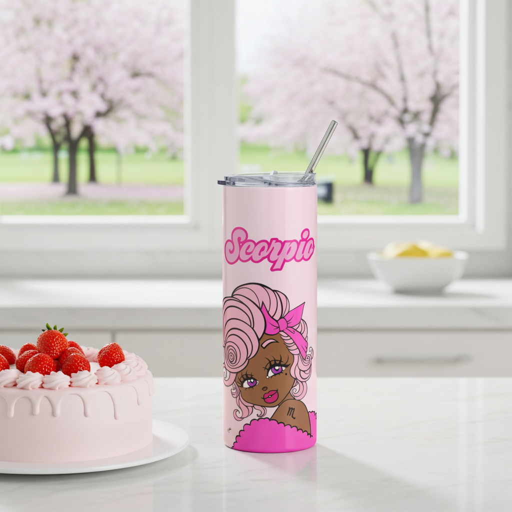 Pink tumbler with a cancerian character design on a table with a cake and cherry blossom trees in the background.