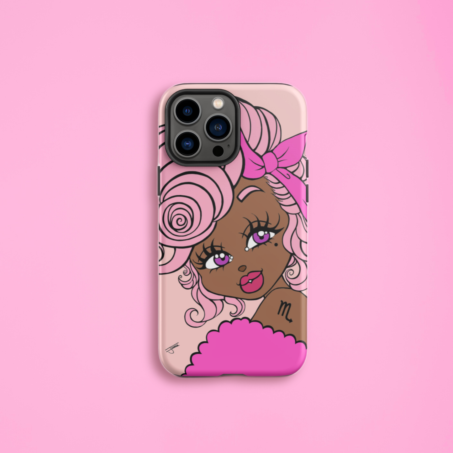 Phone case with a stylized illustration of a Scorpio character with pink hair on a pink background