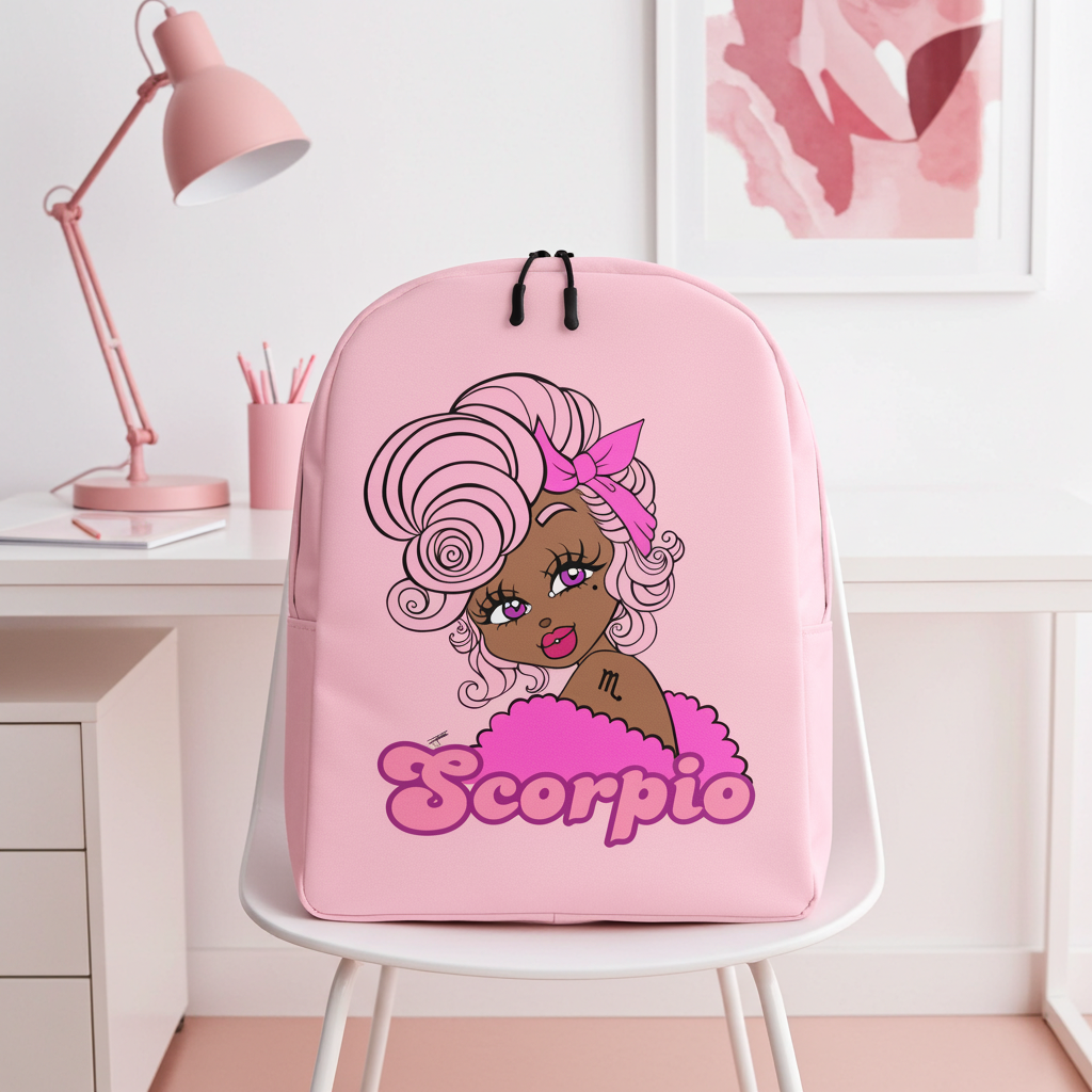 Pink backpack with a Scorpio character and 'Scorpio' text on a chair in a room setting.
