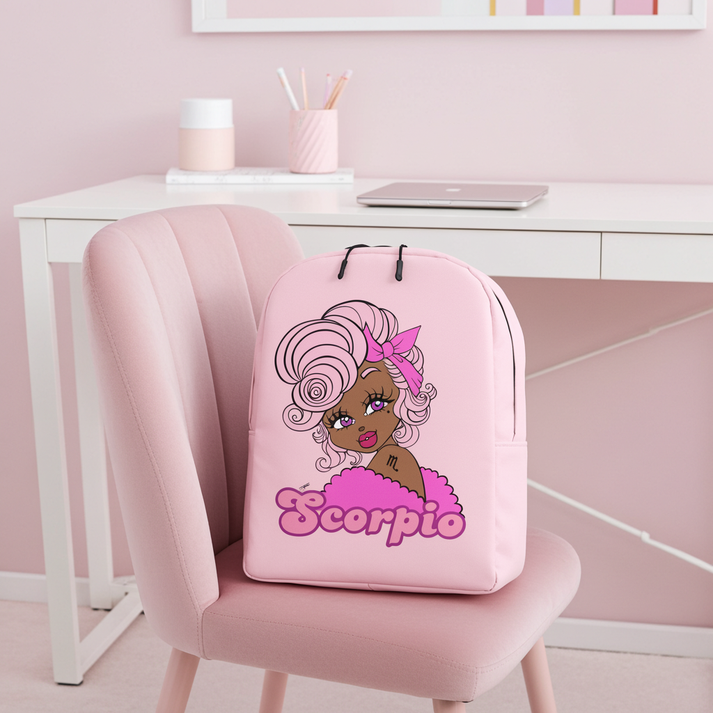 Pink backpack with Scorpio character and 'Scorpio' text on a pink chair in a room setting.