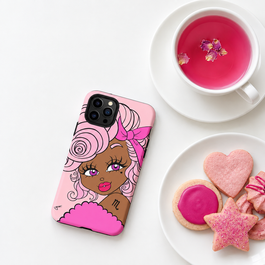 A pink phone case featuring a stylized illustration of a woman with pink hair and a pink bow, shown on a white phone. The case is styled in a flat-lay composition next to a cup of pink tea and a plate of pink cookies on a white background.